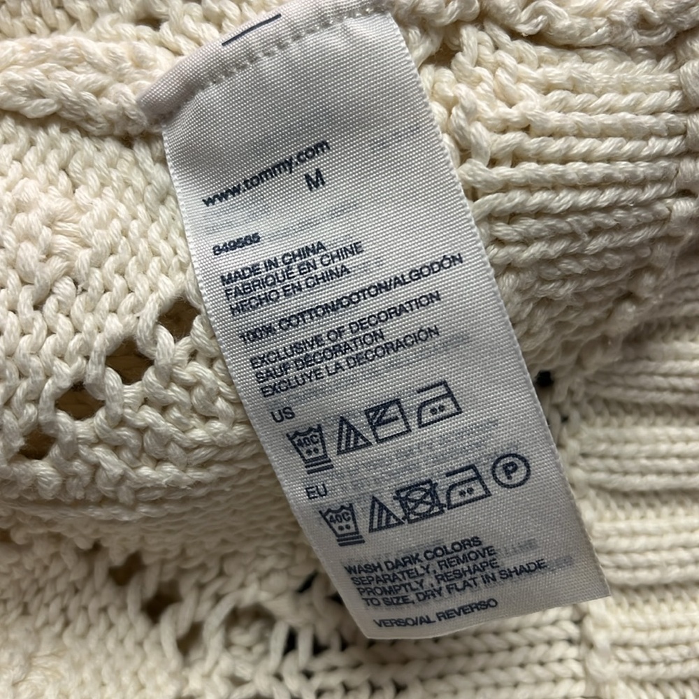 Tommy Hilfiger Cream Chunky Loose Pom Pom Knit Long Sleeve Cotton Sweater - Picture 16 of 16